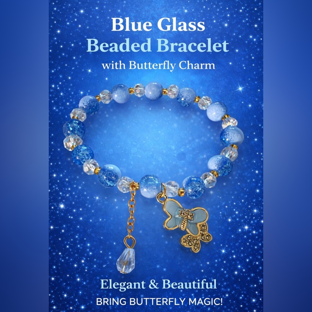 Blue Glass Beaded Bracelet with Butterfly Charm - Gold Accent
